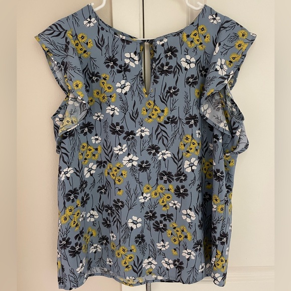 Ann Taylor Factory Tops - Keyhole Sleeveless Floral Blouse Top with Ruffle Shoulder, Blue and Yellow Shirt